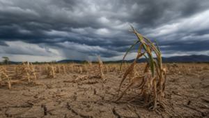 Dry cracked farmland under a cloudy sky, illustrating the climate stress and food-supply risks associated with El Niño 2026.
