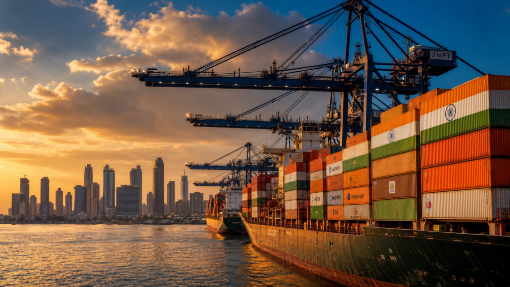 A container ship loaded with export cargo including Indian flag-coloured containers docked at JNPT port under a dramatic sunset sky, with Mumbai's skyline visible in the background.