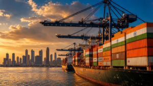 A container ship loaded with export cargo including Indian flag-coloured containers docked at JNPT port under a dramatic sunset sky, with Mumbai's skyline visible in the background.