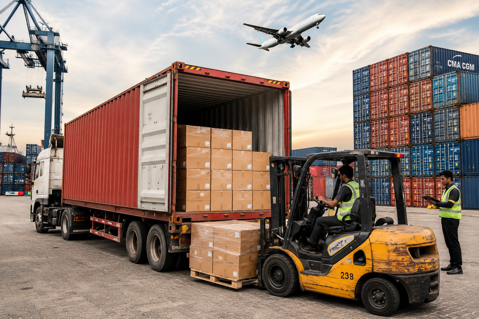 Workers loading cargo containers at a busy shipping port, illustrating the merchandise exports process and global export logistics through international trade.